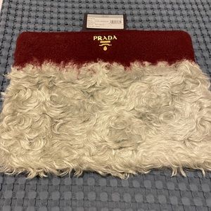 Prada Burgundy and Grey Furry Felted Wool Clutch